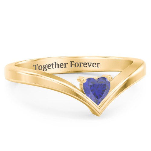 Heart Birthstone V-Shape Ring – 18K Gold Plated Silver with Blue Sapphire