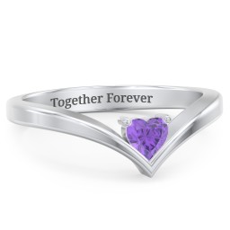 Heart Birthstone V-Shape Ring in 925 Sterling Silver with Amethyst