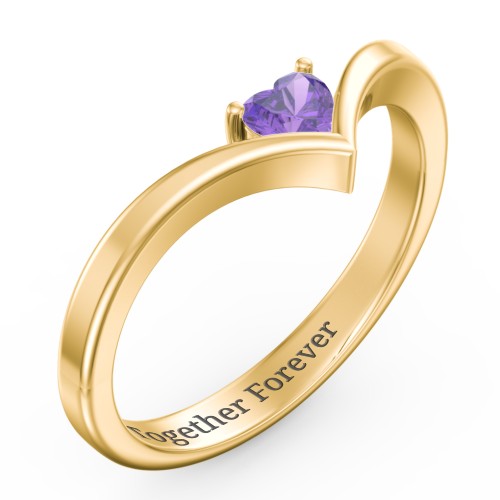 Heart Birthstone V-Shape Ring – 10K Yellow Gold with Amethyst