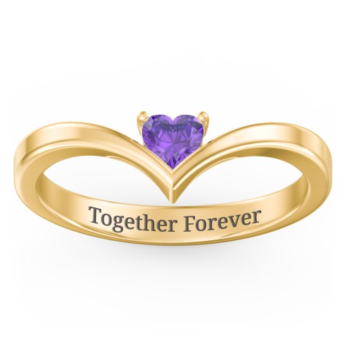 Heart Birthstone V-Shape Ring – 10K Yellow Gold with Amethyst