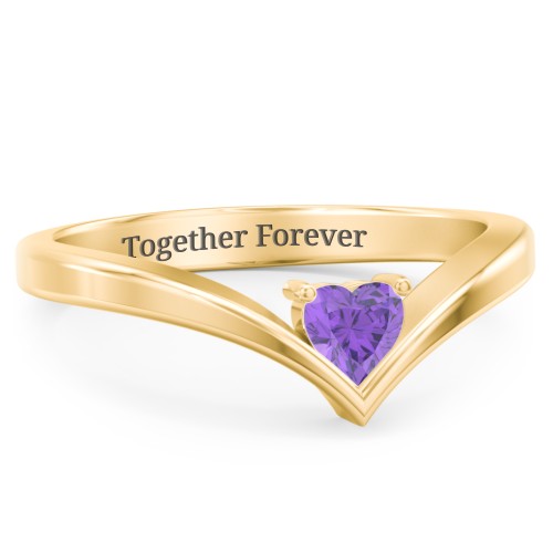 Heart Birthstone V-Shape Ring – 10K Yellow Gold with Amethyst