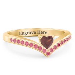 Heart Birthstone V-Shape Ring With Accents in 18K Gold Plated Silver with Garnet and Red Premium Zirconia