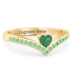 Heart Birthstone V-Shape Ring With Accents in 18K Gold Plated Silver with Emerald and Green Premium Zirconia