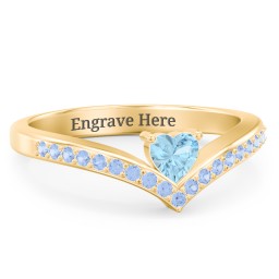 Heart Birthstone V-Shape Ring With Accents in 18K Gold Plated Silver with Blue Topaz and Fancy Blue Premium Zirconia