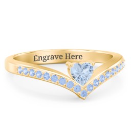 Heart Birthstone V-Shape Ring With Accents in 18K Gold Plated Silver with Aquamarine and Fancy Blue Premium Zirconia