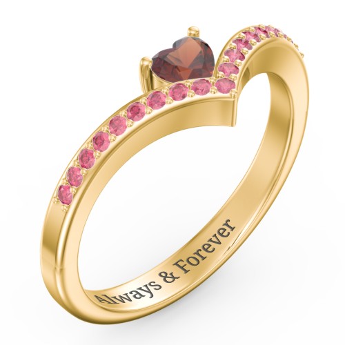 Heart Birthstone V-Shape Ring With Accents – 18K Gold Plated Silver with Garnet and Red Premium Zirconia