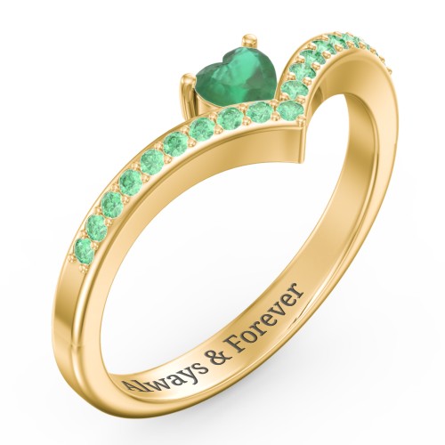 Heart Birthstone V-Shape Ring With Accents – 18K Gold Plated Silver with Emerald and Green Premium Zirconia