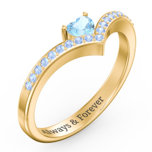 Heart Birthstone V-Shape Ring With Accents – 18K Gold Plated Silver with Blue Topaz and Fancy Blue Premium Zirconia