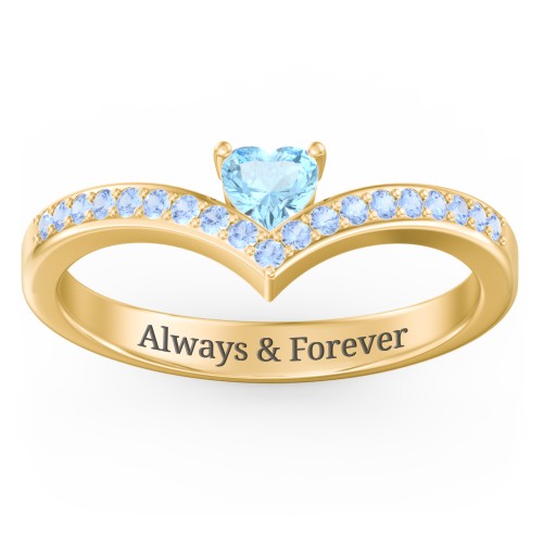 Heart Birthstone V-Shape Ring With Accents – 18K Gold Plated Silver with Blue Topaz and Fancy Blue Premium Zirconia