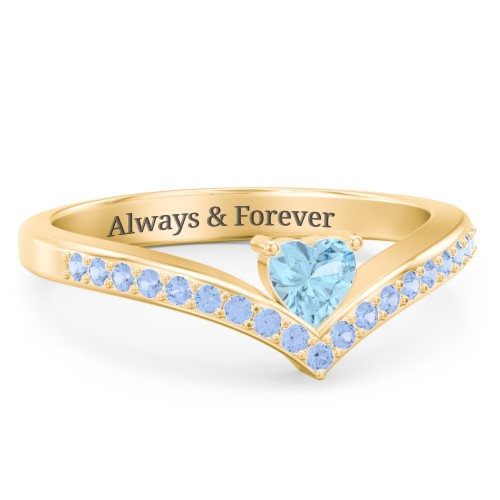 Heart Birthstone V-Shape Ring With Accents – 18K Gold Plated Silver with Blue Topaz and Fancy Blue Premium Zirconia
