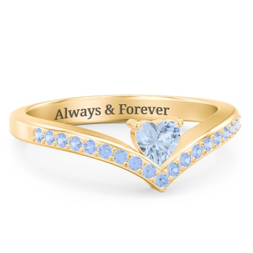 Heart Birthstone V-Shape Ring With Accents – 18K Gold Plated Silver with Aquamarine and Fancy Blue Premium Zirconia