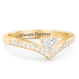 Heart Birthstone V-Shape Ring With Accents in 18K Gold Plated Silver with Diamond