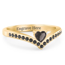 Heart Birthstone V-Shape Ring With Accents in 18K Gold Plated Silver with Smokey Quartz and Black Premium Zirconia