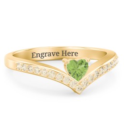 Heart Birthstone V-Shape Ring With Accents in 18K Gold Plated Silver with Peridot and Fancy Yellow Premium Zirconia