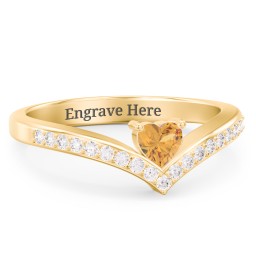 Heart Birthstone V-Shape Ring With Accents in 18K Gold Plated Silver with Citrine and White Premium Zirconia