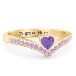 Heart Birthstone V-Shape Ring With Accents in 18K Gold Plated Silver with Amethyst and Amethyst Premium Zirconia