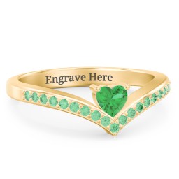 Heart Birthstone V-Shape Ring With Accents in 18K Gold Plated Silver with Emerald and Green Premium Zirconia