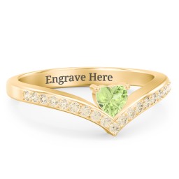 Heart Birthstone V-Shape Ring With Accents in 18K Gold Plated Silver with Peridot and Fancy Yellow Premium Zirconia