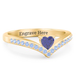 Heart Birthstone V-Shape Ring With Accents in 18K Gold Plated Silver with Blue Sapphire and Fancy Blue Premium Zirconia