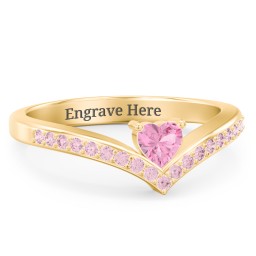 Heart Birthstone V-Shape Ring With Accents in 18K Gold Plated Silver with Pink Tourmaline and Fancy Pink Premium Zirconia