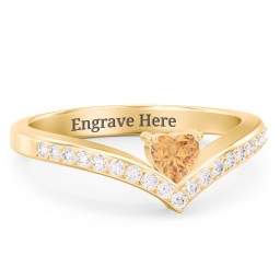 Heart Birthstone V-Shape Ring With Accents in 18K Gold Plated Silver with Citrine and White Premium Zirconia