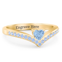 Heart Birthstone V-Shape Ring With Accents in 18K Gold Plated Silver with Blue Topaz and Fancy Blue Premium Zirconia