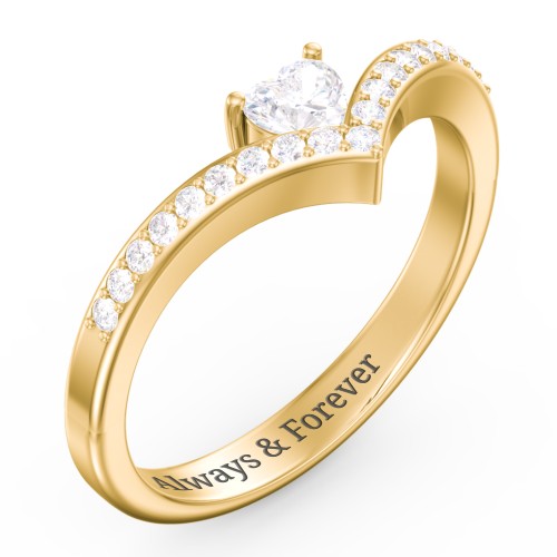 Heart Birthstone V-Shape Ring With Accents – 18K Gold Plated Silver with Diamond