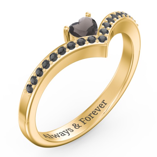 Heart Birthstone V-Shape Ring With Accents – 18K Gold Plated Silver with Smokey Quartz and Black Premium Zirconia