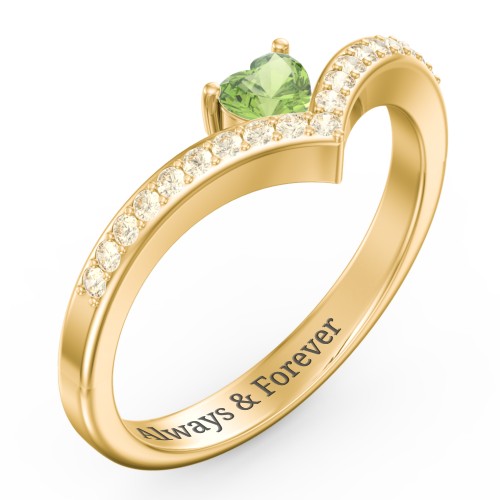 Heart Birthstone V-Shape Ring With Accents – 18K Gold Plated Silver with Peridot and Fancy Yellow Premium Zirconia