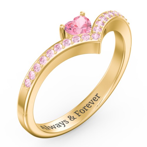 Heart Birthstone V-Shape Ring With Accents – 18K Gold Plated Silver with Pink Tourmaline and Fancy Pink Premium Zirconia