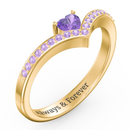 Heart Birthstone V-Shape Ring With Accents – 18K Gold Plated Silver with Amethyst and Amethyst Premium Zirconia