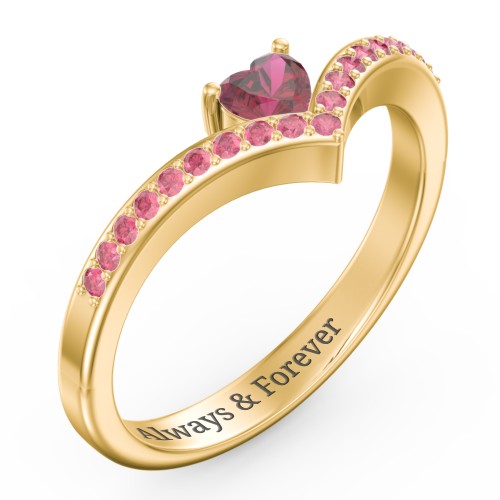 Heart Birthstone V-Shape Ring With Accents – 18K Gold Plated Silver with Ruby and Red Premium Zirconia