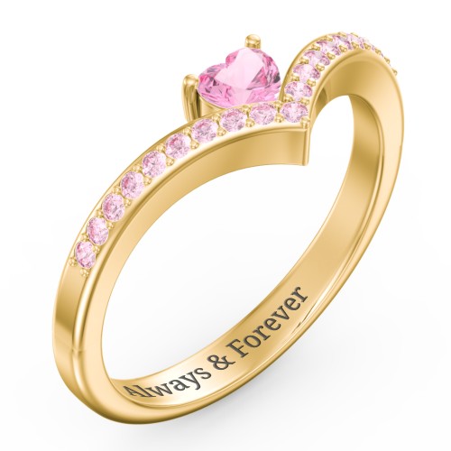 Heart Birthstone V-Shape Ring With Accents – 18K Gold Plated Silver with Pink Tourmaline and Fancy Pink Premium Zirconia