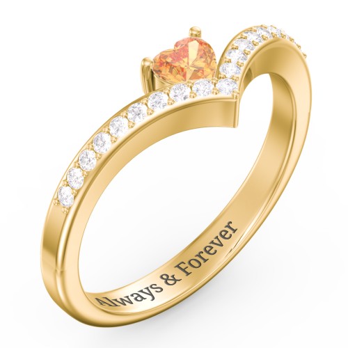 Heart Birthstone V-Shape Ring With Accents – 18K Gold Plated Silver with Citrine and White Premium Zirconia