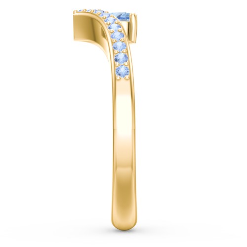 Heart Birthstone V-Shape Ring With Accents – 18K Gold Plated Silver with Blue Topaz and Fancy Blue Premium Zirconia