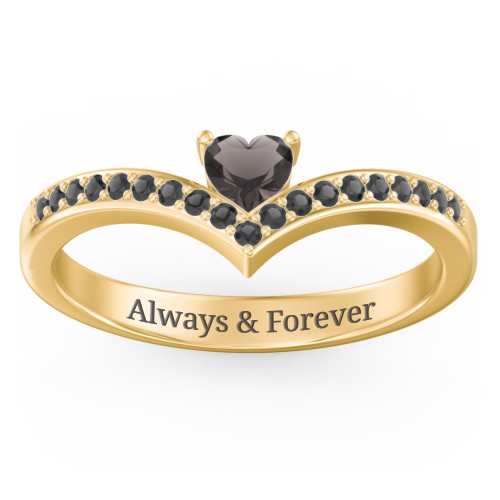 Heart Birthstone V-Shape Ring With Accents – 18K Gold Plated Silver with Smokey Quartz and Black Premium Zirconia