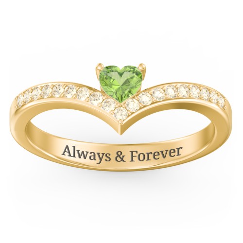 Heart Birthstone V-Shape Ring With Accents – 18K Gold Plated Silver with Peridot and Fancy Yellow Premium Zirconia