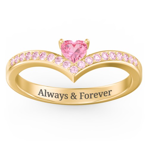 Heart Birthstone V-Shape Ring With Accents – 18K Gold Plated Silver with Pink Tourmaline and Fancy Pink Premium Zirconia