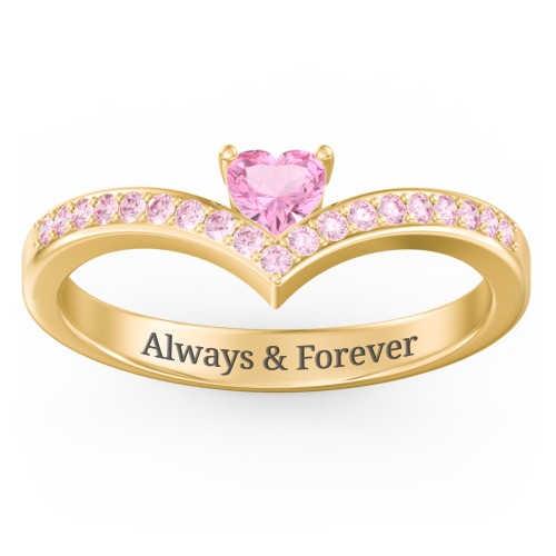 Heart Birthstone V-Shape Ring With Accents – 18K Gold Plated Silver with Pink Tourmaline and Fancy Pink Premium Zirconia
