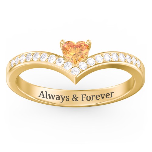 Heart Birthstone V-Shape Ring With Accents – 18K Gold Plated Silver with Citrine and White Premium Zirconia