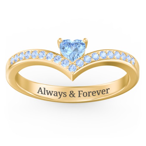 Heart Birthstone V-Shape Ring With Accents – 18K Gold Plated Silver with Blue Topaz and Fancy Blue Premium Zirconia