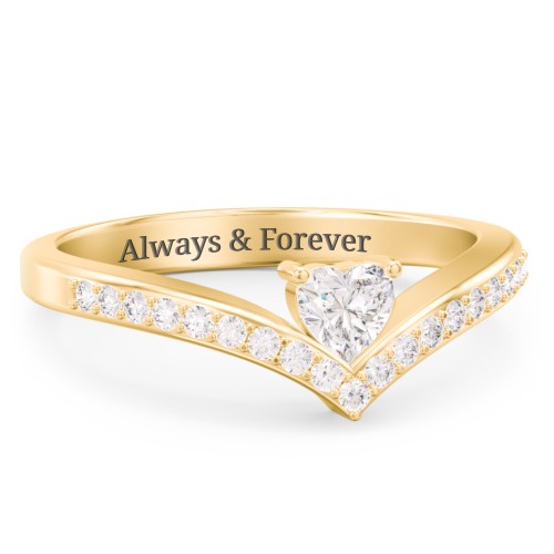 Heart Birthstone V-Shape Ring With Accents – 18K Gold Plated Silver with Diamond