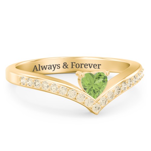 Heart Birthstone V-Shape Ring With Accents – 18K Gold Plated Silver with Peridot and Fancy Yellow Premium Zirconia