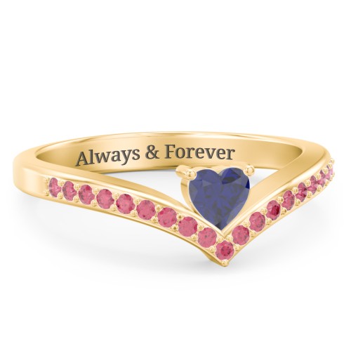 Heart Birthstone V-Shape Ring With Accents – 18K Gold Plated Silver with Blue Sapphire and Red Premium Zirconia