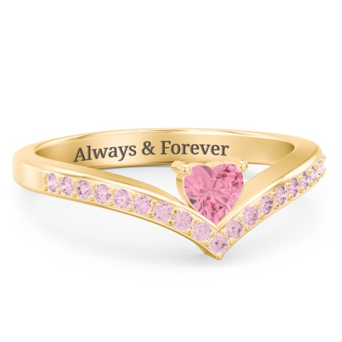 Heart Birthstone V-Shape Ring With Accents – 18K Gold Plated Silver with Pink Tourmaline and Fancy Pink Premium Zirconia