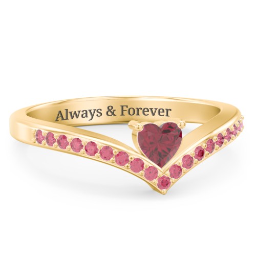 Heart Birthstone V-Shape Ring With Accents – 18K Gold Plated Silver with Ruby and Red Premium Zirconia