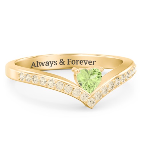 Heart Birthstone V-Shape Ring With Accents – 18K Gold Plated Silver with Peridot and Fancy Yellow Premium Zirconia