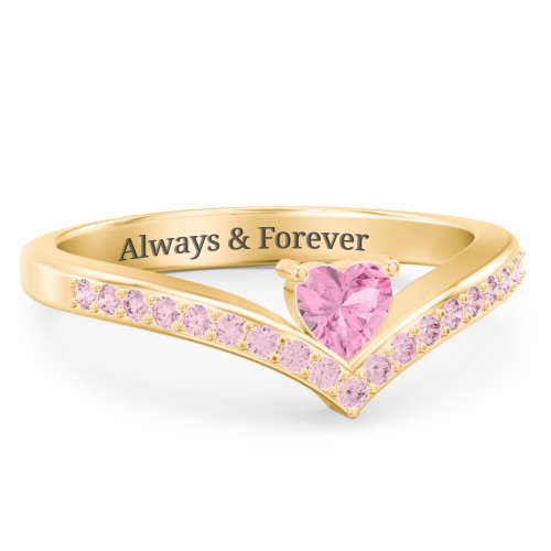 Heart Birthstone V-Shape Ring With Accents – 18K Gold Plated Silver with Pink Tourmaline and Fancy Pink Premium Zirconia