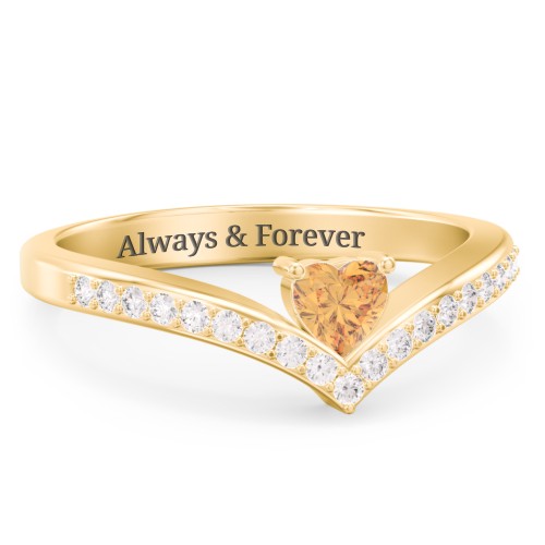 Heart Birthstone V-Shape Ring With Accents – 18K Gold Plated Silver with Citrine and White Premium Zirconia