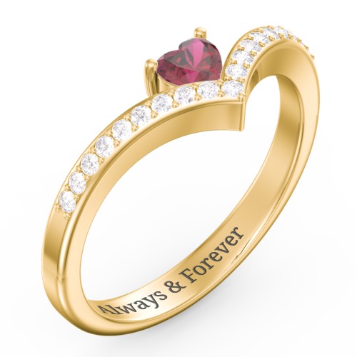 Heart Birthstone V-Shape Ring With Accents – 10K Yellow Gold with Ruby and White Premium Zirconia